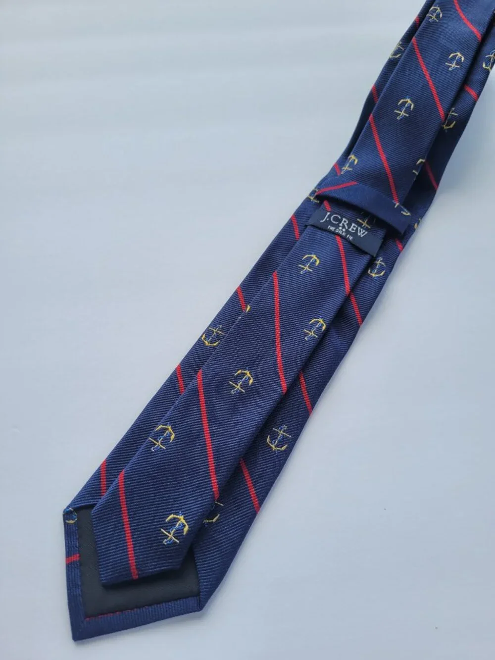 J Crew Men's 100% Silk Tie Anchor Striped Classic Navy Blue & Red Embroidered